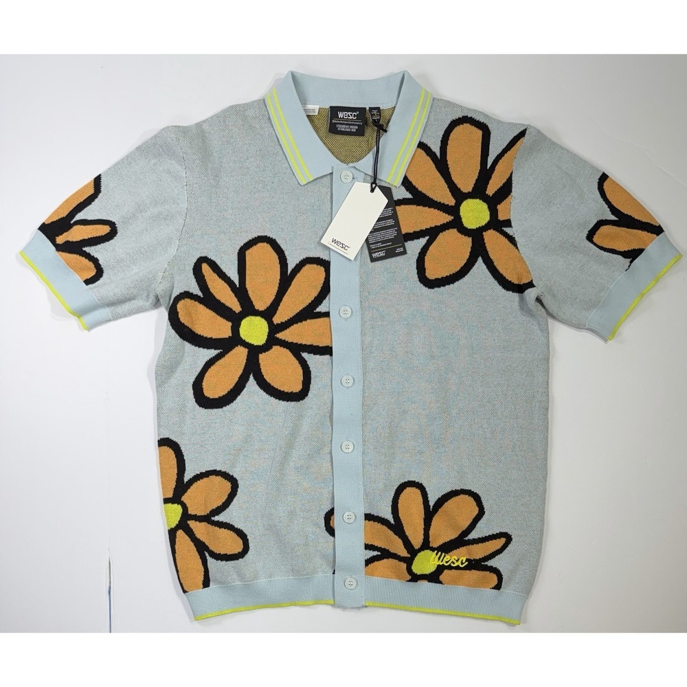 WESC Floral Knit Polo Shirt Mens M Button Front Sweater Blue Streetwear